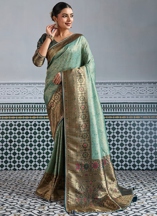 Kanjivaram Mul Silk Light Green Wedding Wear Weaving Work Saree 386637