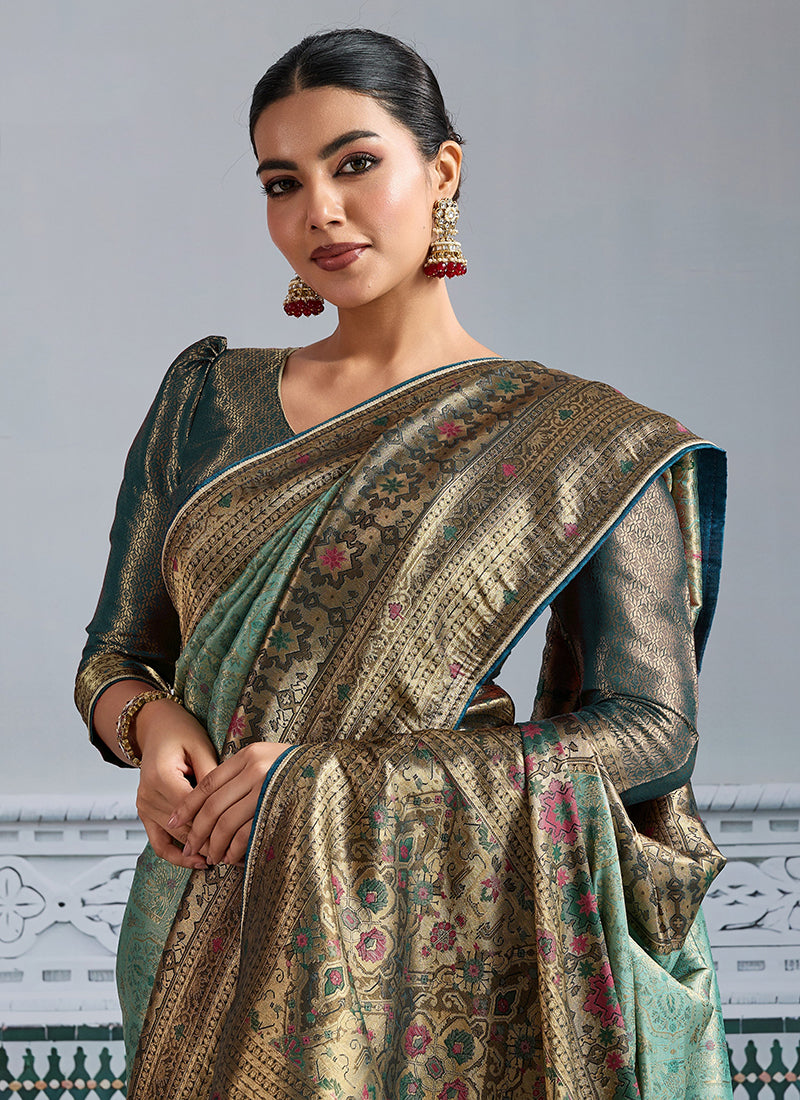 Kanjivaram Mul Silk Light Green Wedding Wear Weaving Work Saree 386637