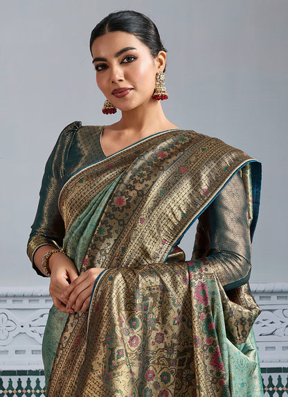 Kanjivaram Mul Silk Light Green Wedding Wear Weaving Work Saree 386637