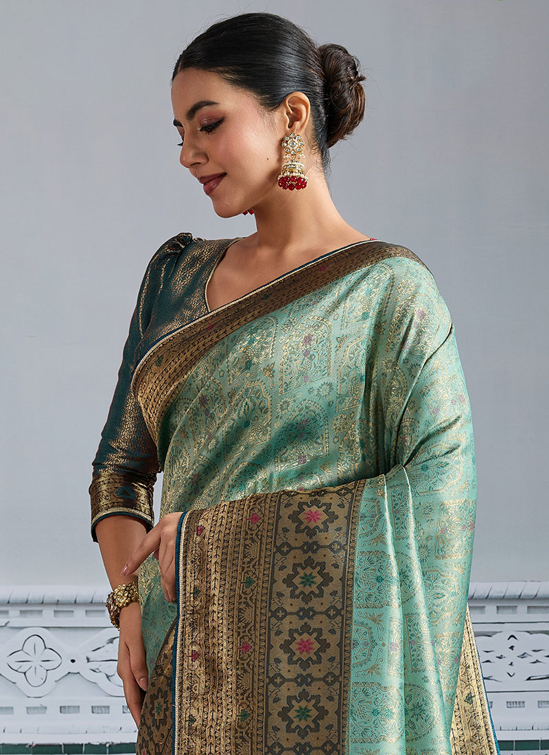 Kanjivaram Mul Silk Light Green Wedding Wear Weaving Work Saree 386637