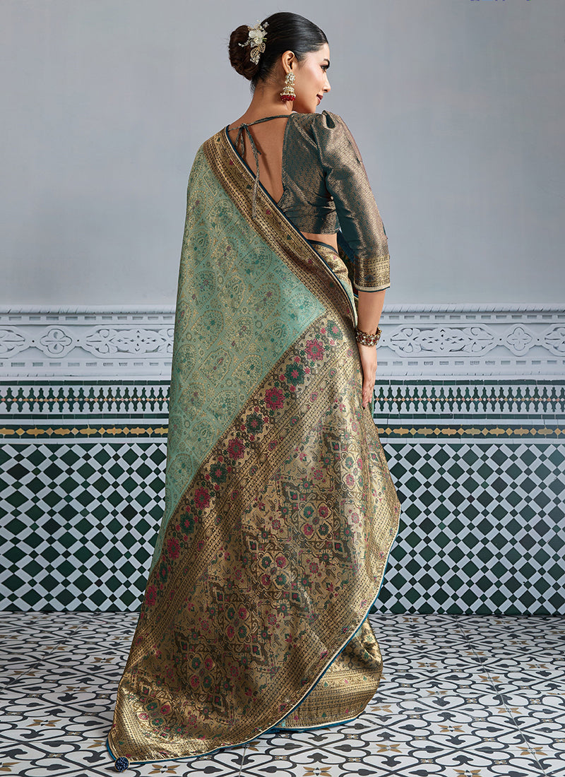 Kanjivaram Mul Silk Light Green Wedding Wear Weaving Work Saree 386637