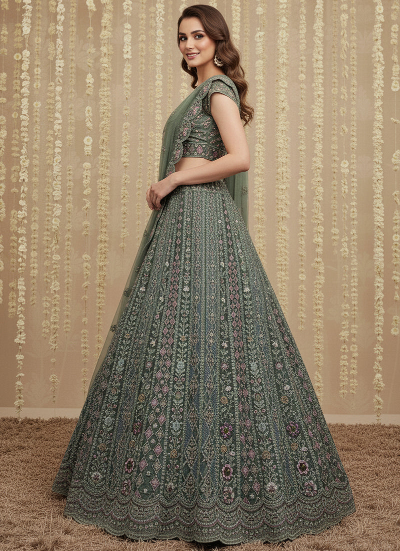 Light Green Net Embroidery Work Bridal Wear Lehenga Choli SW555170