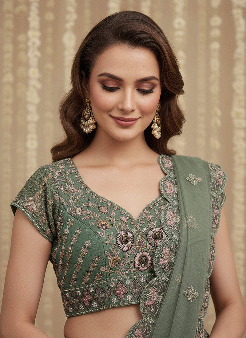 Light Green Net Embroidery Work Bridal Wear Lehenga Choli SW555170