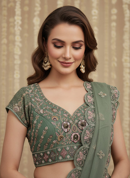 Light Green Net Embroidery Work Bridal Wear Lehenga Choli SW555170