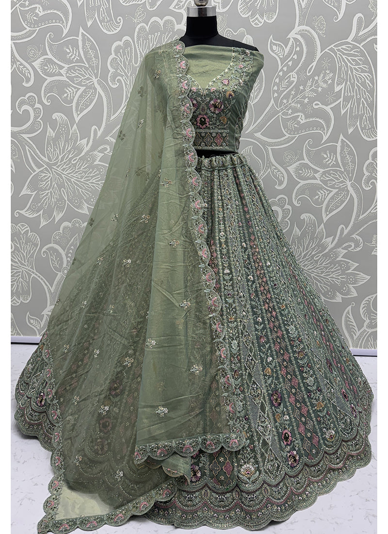 Light Green Net Embroidery Work Bridal Wear Lehenga Choli SW555170