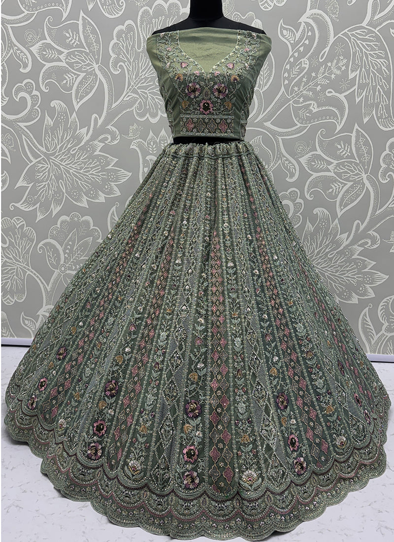 Light Green Net Embroidery Work Bridal Wear Lehenga Choli SW555170