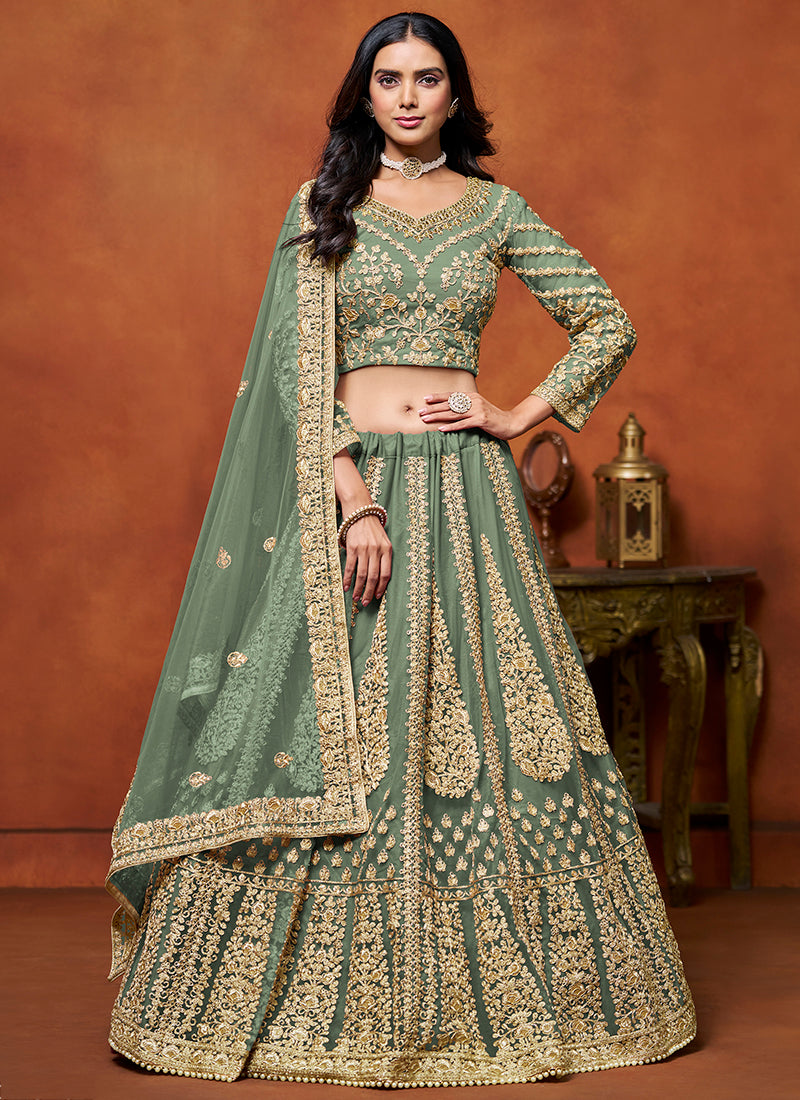 386708 Net Light Green Wedding Wear Zari Embroidery Work Lehenga Choli