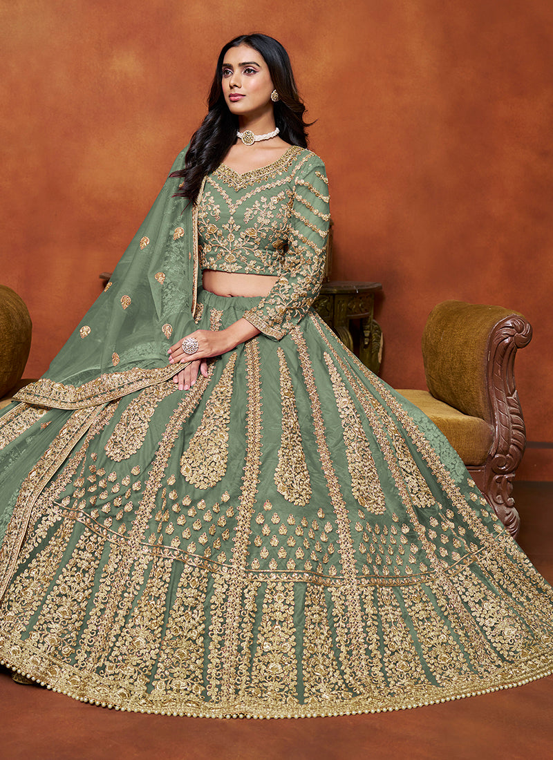 386708 Net Light Green Wedding Wear Zari Embroidery Work Lehenga Choli