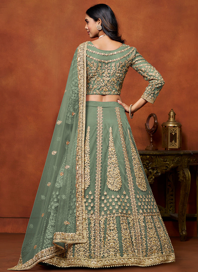 386708 Net Light Green Wedding Wear Zari Embroidery Work Lehenga Choli