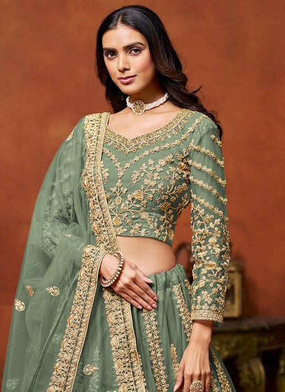 386708 Net Light Green Wedding Wear Zari Embroidery Work Lehenga Choli