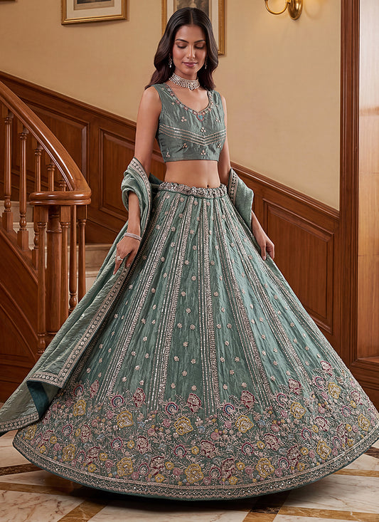 Light Green Organza Sequins Work  Occasional Wear Lehenga Choli SW948445