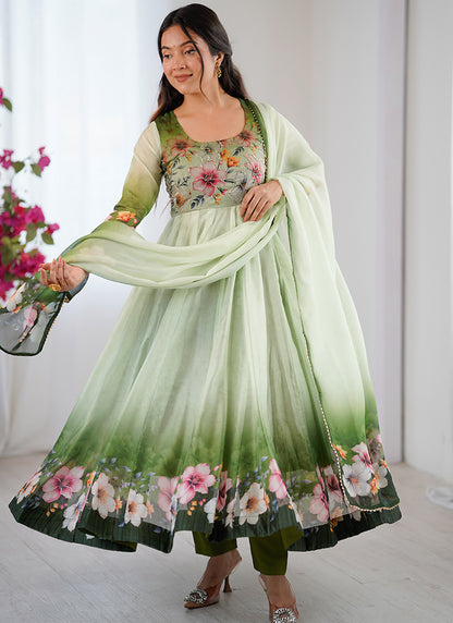 Organza Taby Silk Light Green Casual Wear Digital Print Work Readymade Anarkali Suit 388246