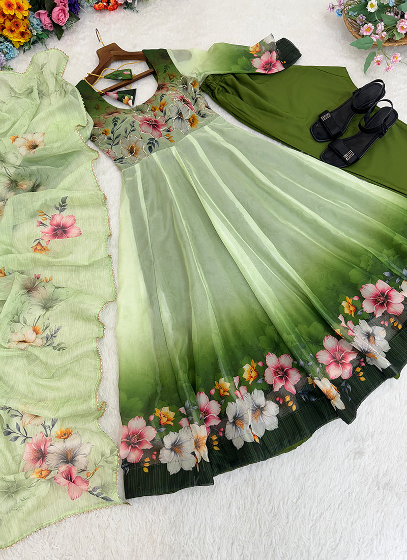Organza Taby Silk Light Green Casual Wear Digital Print Work Readymade Anarkali Suit 388246