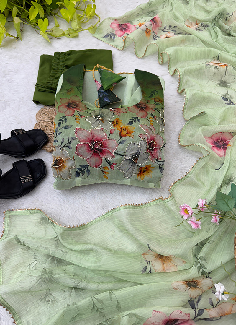 Organza Taby Silk Light Green Casual Wear Digital Print Work Readymade Anarkali Suit 388246