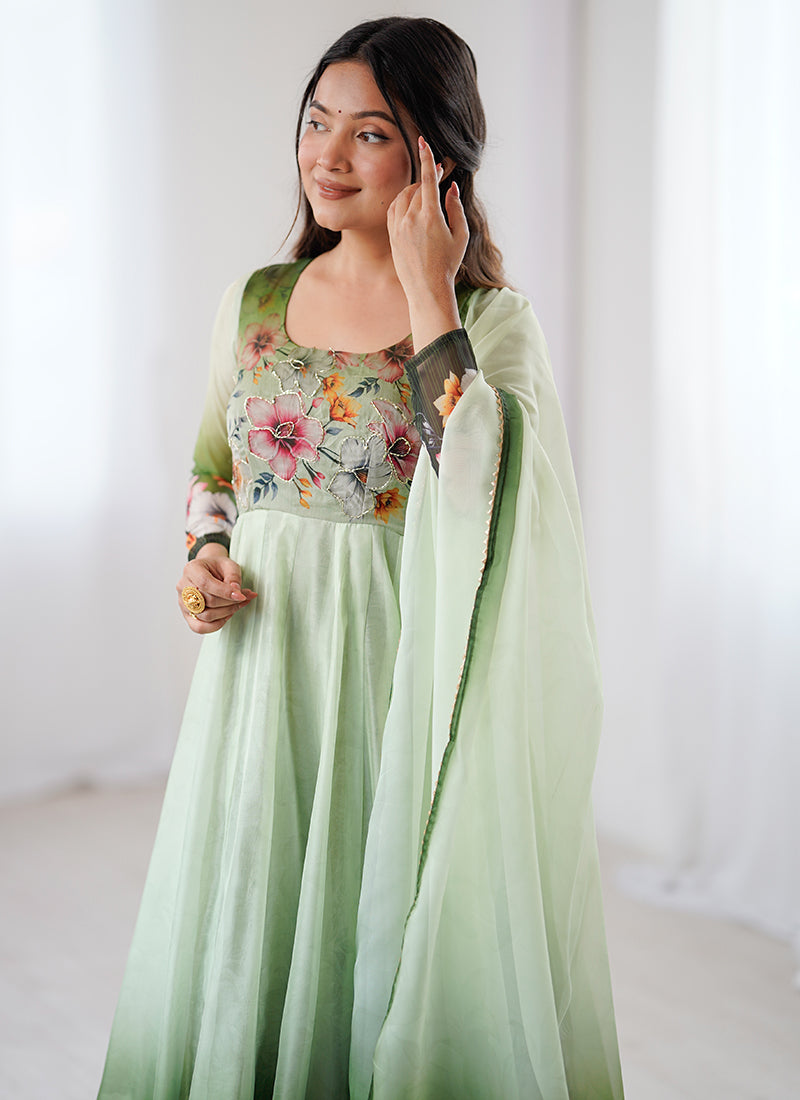 Organza Taby Silk Light Green Casual Wear Digital Print Work Readymade Anarkali Suit 388246