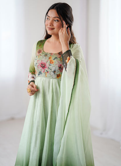 Organza Taby Silk Light Green Casual Wear Digital Print Work Readymade Anarkali Suit 388246