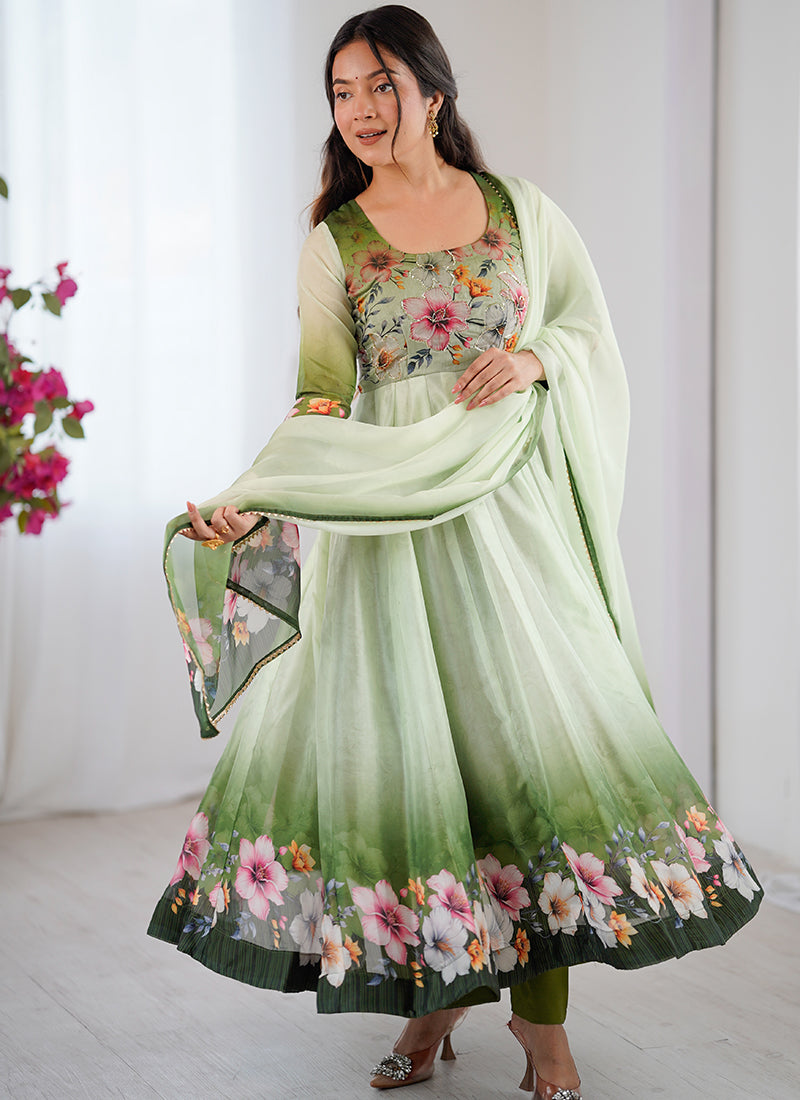 Organza Taby Silk Light Green Casual Wear Digital Print Work Readymade Anarkali Suit 388246