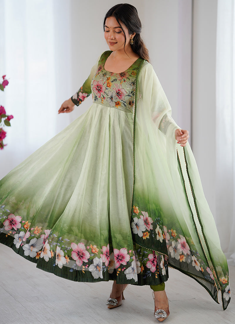 Organza Taby Silk Light Green Casual Wear Digital Print Work Readymade Anarkali Suit 388246