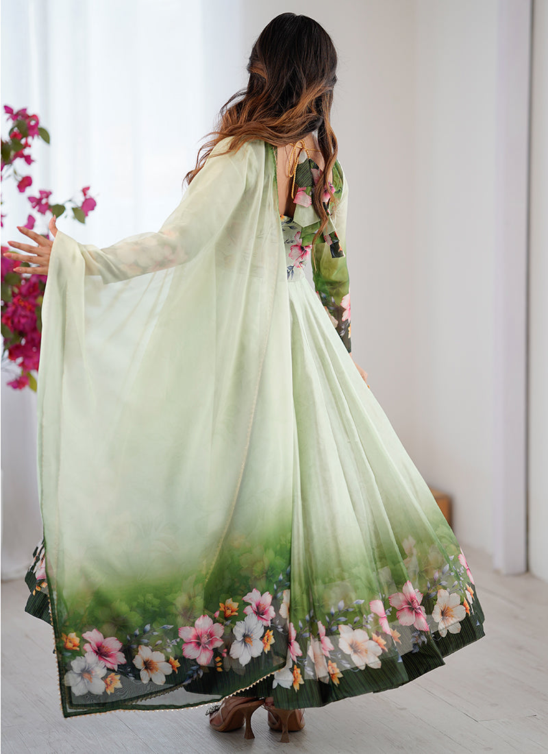 Organza Taby Silk Light Green Casual Wear Digital Print Work Readymade Anarkali Suit 388246