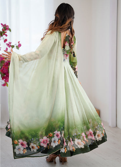 Organza Taby Silk Light Green Casual Wear Digital Print Work Readymade Anarkali Suit 388246
