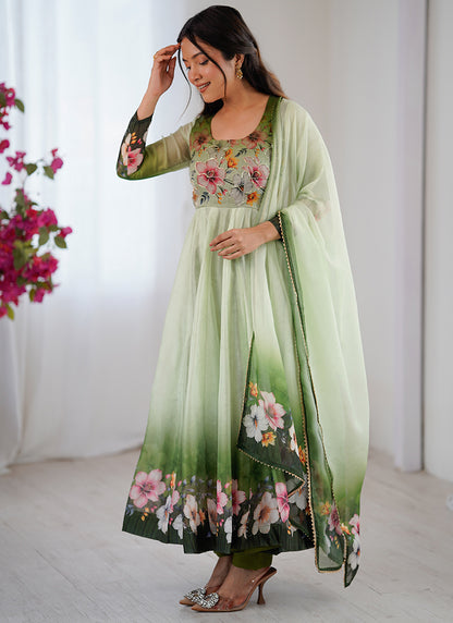 Organza Taby Silk Light Green Casual Wear Digital Print Work Readymade Anarkali Suit 388246