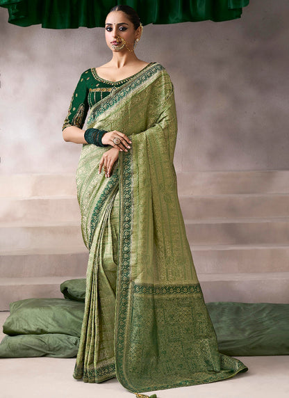 Pure Crepe Light Green Wedding Wear Heavy Work Wedding Saree 387279