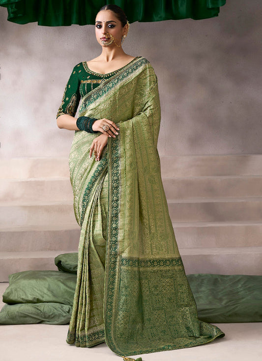 Pure Crepe Light Green Wedding Wear Heavy Work Wedding Saree 387279