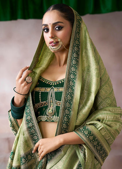 Pure Crepe Light Green Wedding Wear Heavy Work Wedding Saree 387279