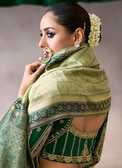 Pure Crepe Light Green Wedding Wear Heavy Work Wedding Saree 387279