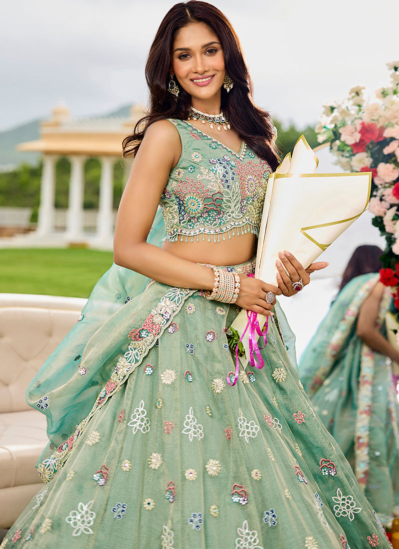 Satin Silk Pastel Green Wedding Wear Embroidery Work Readymade Lehenga Choli