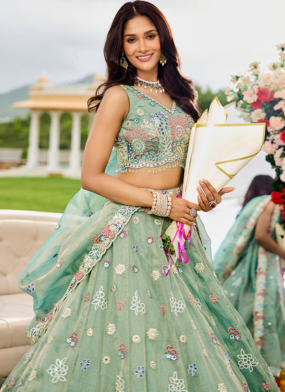 Satin Silk Pastel Green Wedding Wear Embroidery Work Readymade Lehenga Choli