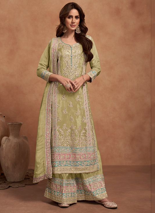 Light Green Shimmer Silk Embroidery Work Festival Wear Readymade Plazzo Suit SW736183