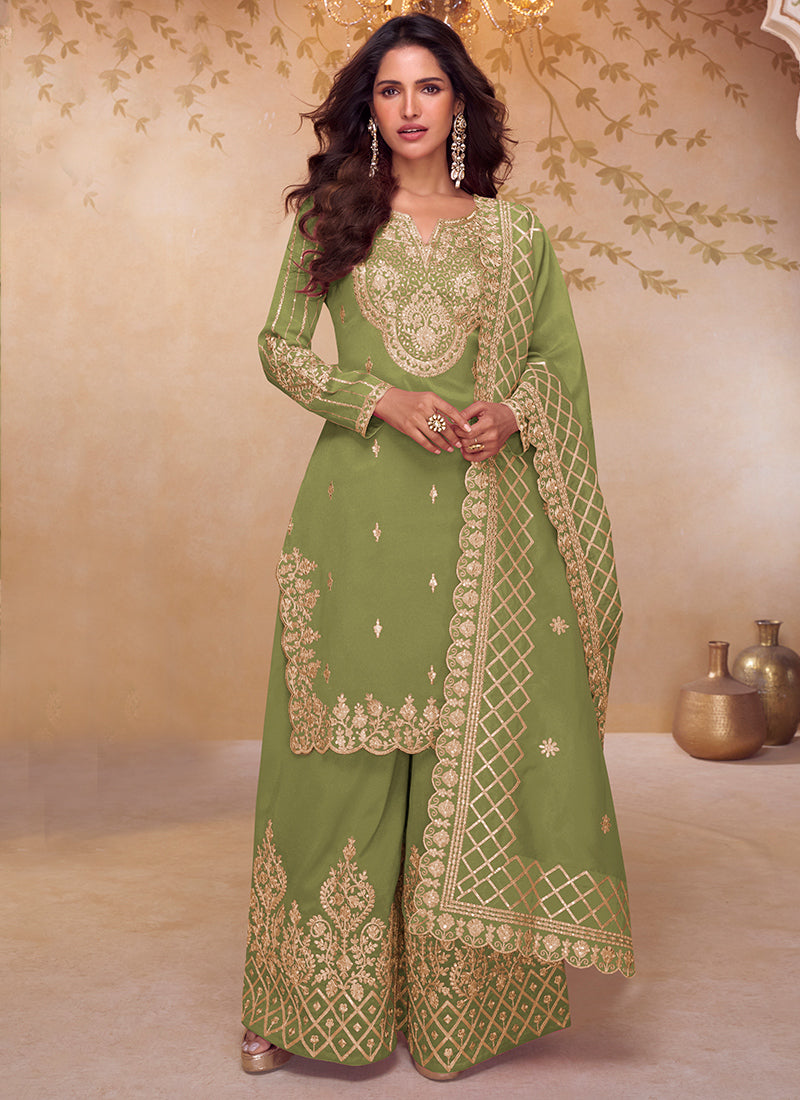 Shimmer Silk Light Green Party Wear Sequin Embroidery Work Readymade Ethnic Plazzo Suit 387230