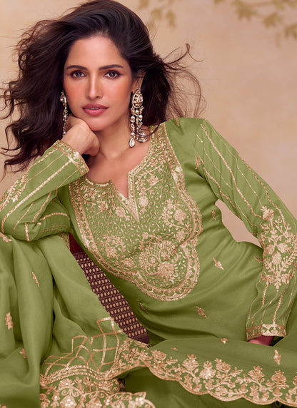 Shimmer Silk Light Green Party Wear Sequin Embroidery Work Readymade Ethnic Plazzo Suit 387230