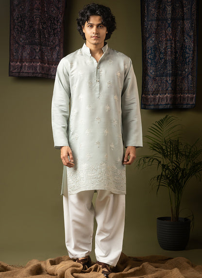 Light Green Silk Blend Embroidery Work Festival Wear Readymade Kurta Pajama SW273593