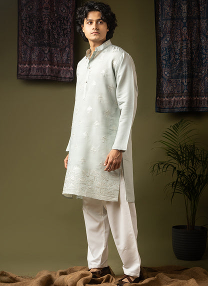 Light Green Silk Blend Embroidery Work Festival Wear Readymade Kurta Pajama SW273593