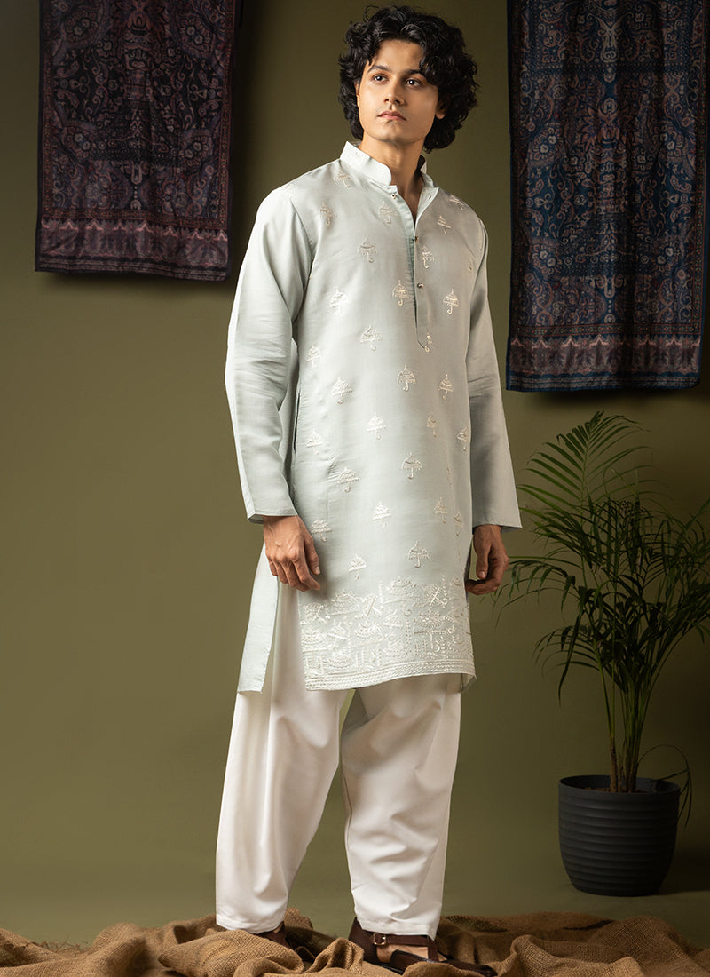 Light Green Silk Blend Embroidery Work Festival Wear Readymade Kurta Pajama SW273593