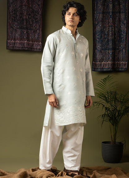 Light Green Silk Blend Embroidery Work Festival Wear Readymade Kurta Pajama SW273593