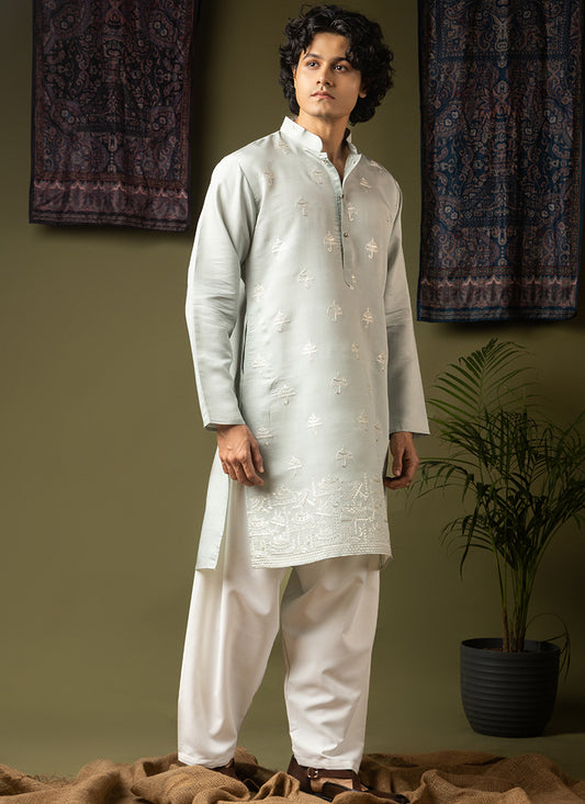 Light Green Silk Blend Embroidery Work Festival Wear Readymade Kurta Pajama SW273593