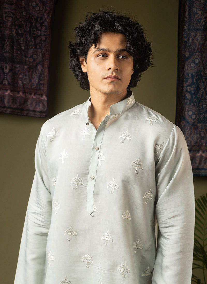 Light Green Silk Blend Embroidery Work Festival Wear Readymade Kurta Pajama SW273593
