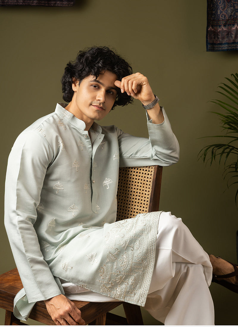 Light Green Silk Blend Embroidery Work Festival Wear Readymade Kurta Pajama SW273593