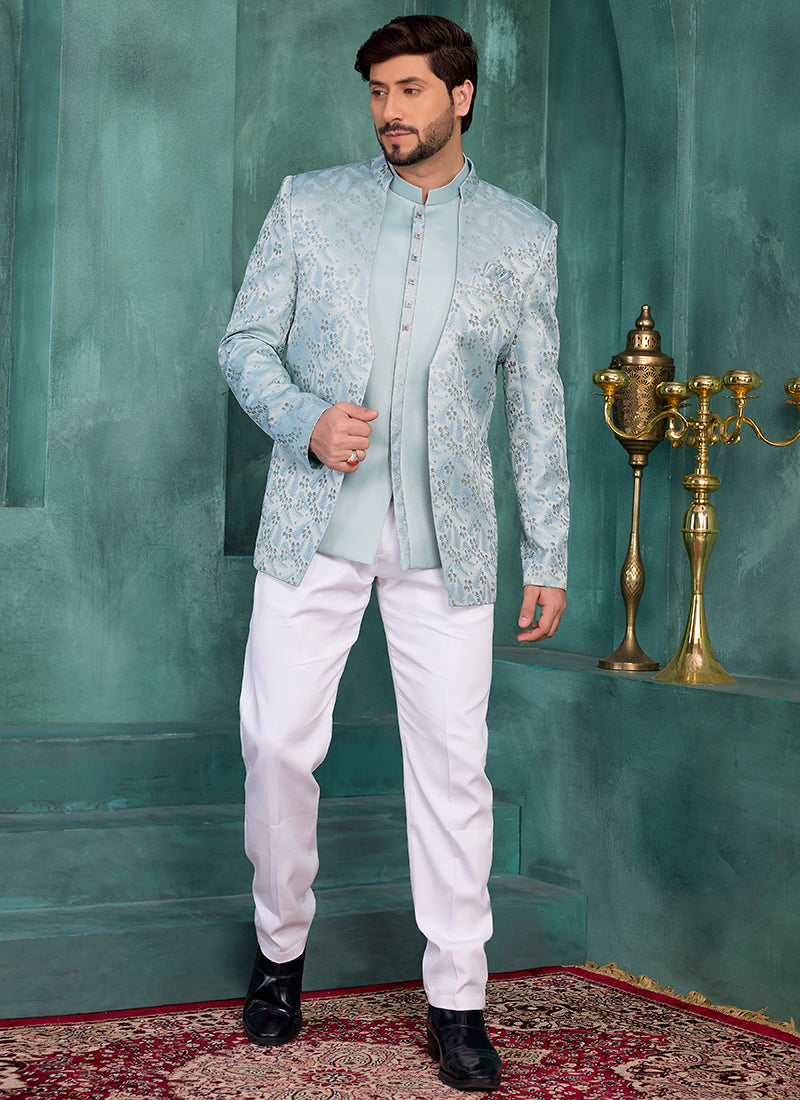 Light Green Silk Pattern Pc Work Party Wear Readymade Jodhpuri Suit SW929641
