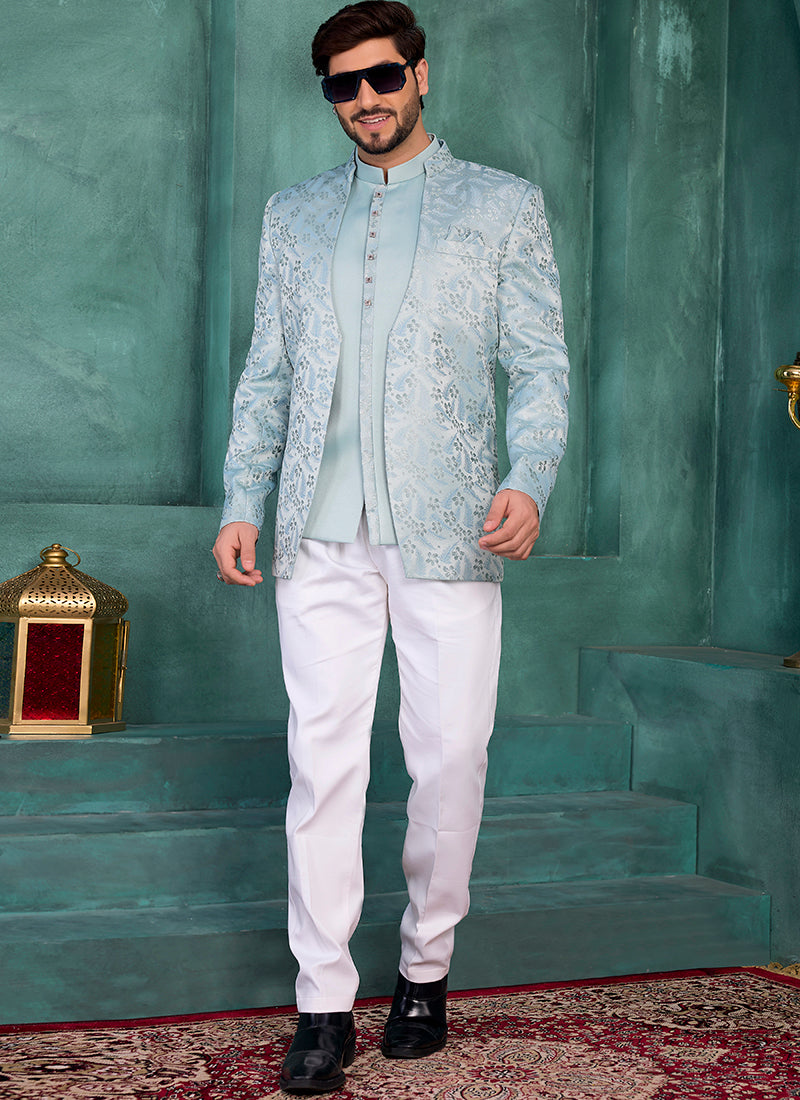 Light Green Silk Pattern Pc Work Party Wear Readymade Jodhpuri Suit SW929641