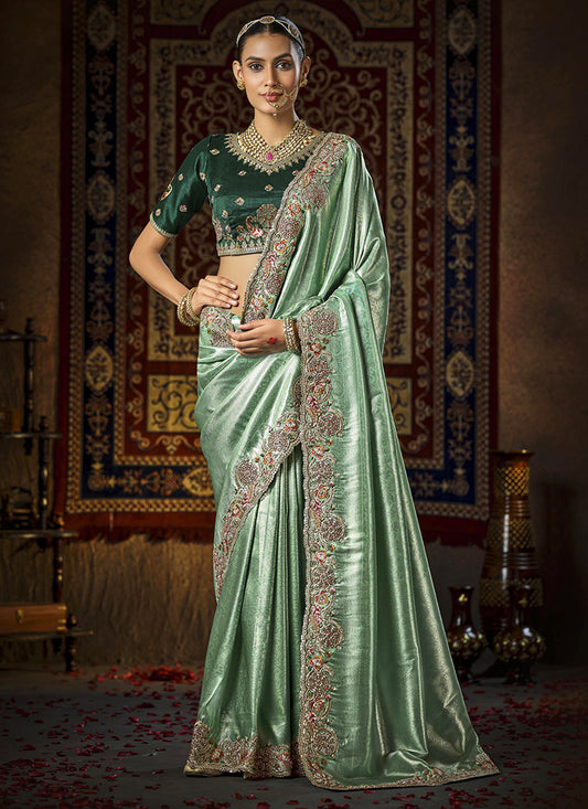 Silk Light Green Saree with Cut Work for Bridal Wear 381101