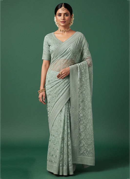 Tissue Silk Light Green Saree with Thread Embroidery Work for Wedding Wear 384490
