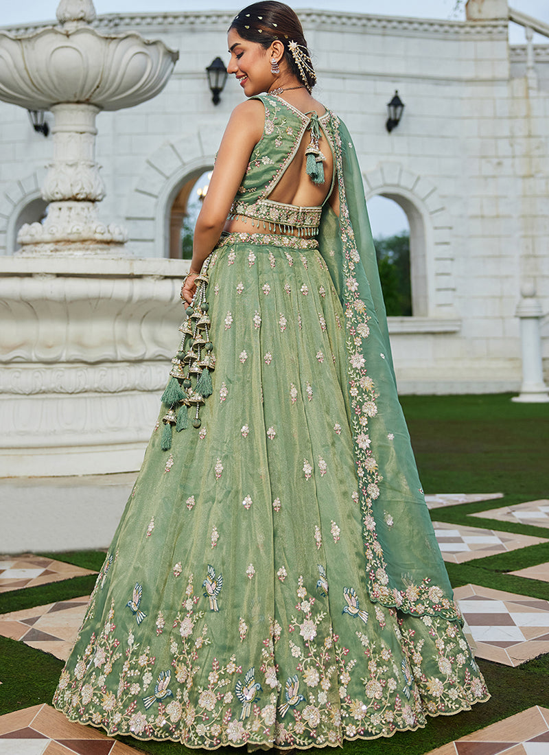 Tissue Mint Green Wedding Wear Embroidery Work Readymade Lehenga Choli