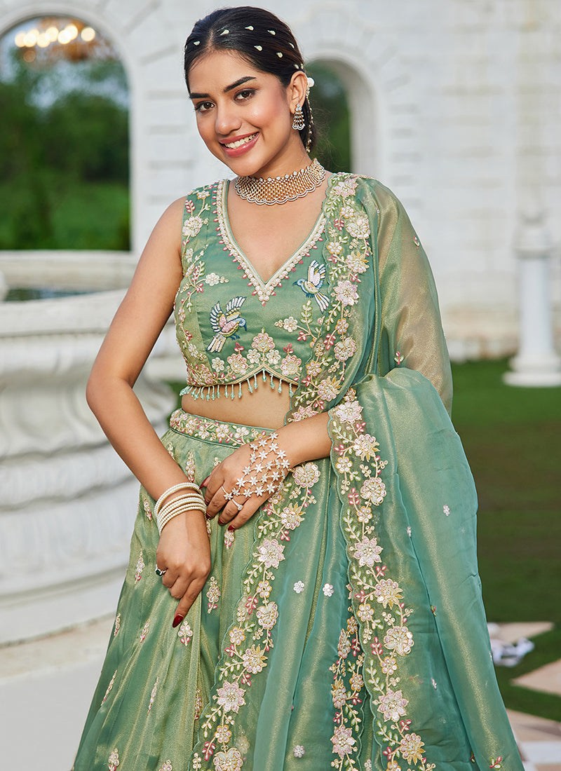 Tissue Mint Green Wedding Wear Embroidery Work Readymade Lehenga Choli