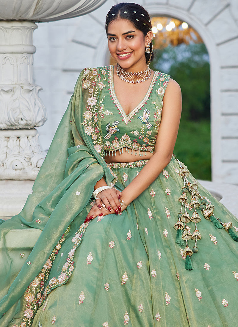 Tissue Mint Green Wedding Wear Embroidery Work Readymade Lehenga Choli
