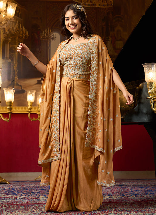 Light Orange Chinon Silk Zari Embroidery Work Party Wear Readymade Indowestern Suit SW396356