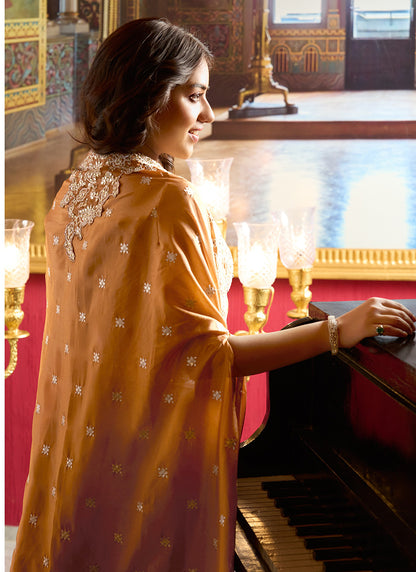 Light Orange Chinon Silk Zari Embroidery Work Party Wear Readymade Indowestern Suit SW396356